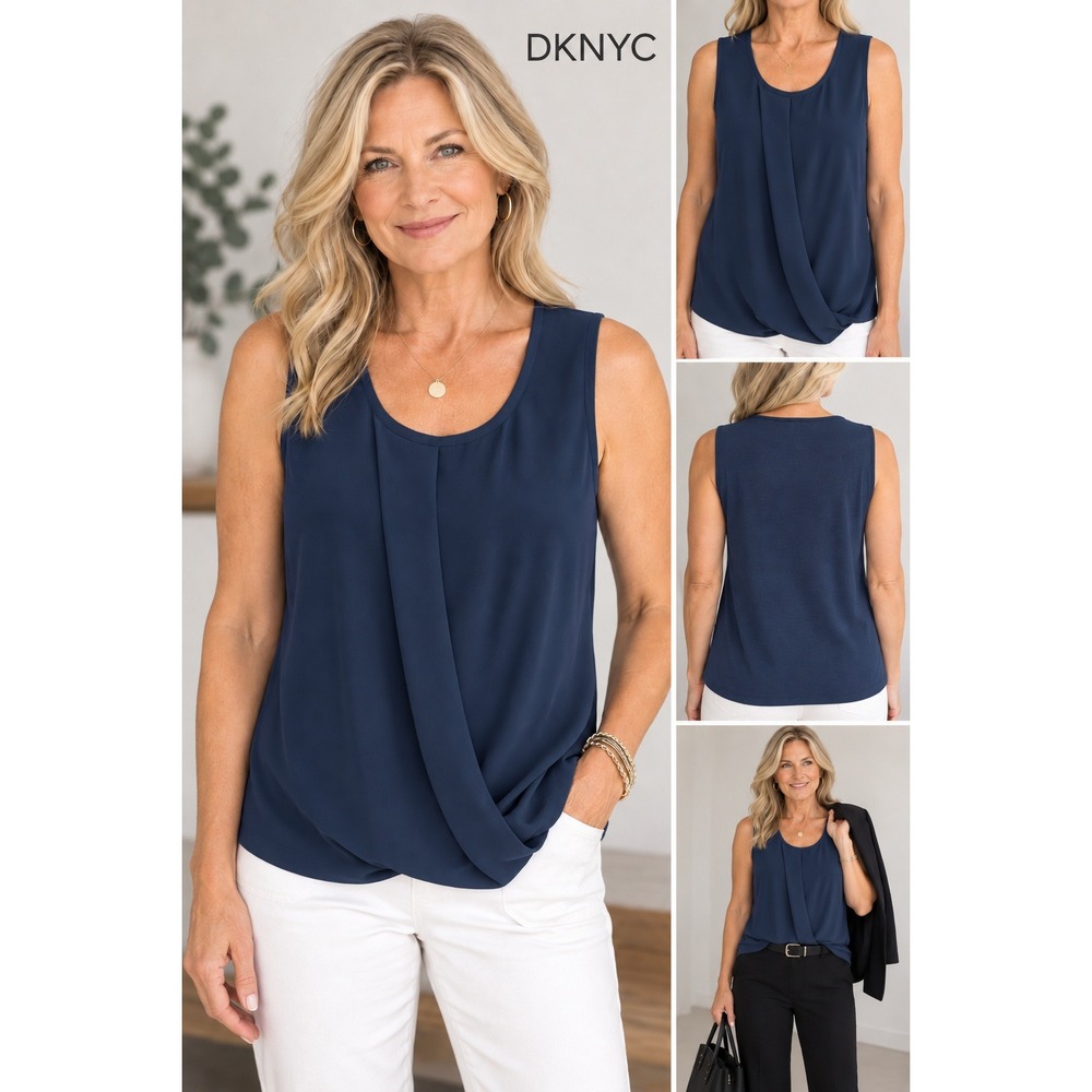 DKNYC Feminine Navy Blue Draped Crossover Sleeveless Top Size Sm Pleated Scoop